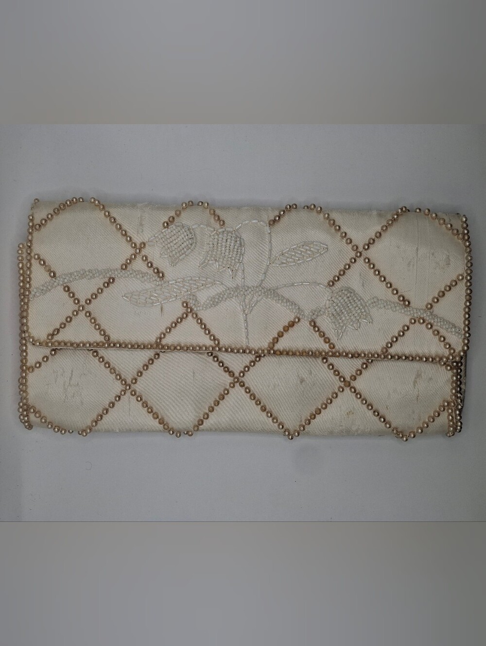 Vintage Beaded Cream Floral Evening Clutch